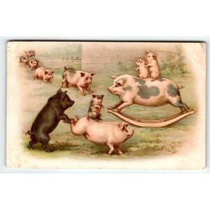 Pigs Fantasy Anthropomorphic Postcard Piglets Piggyback On Rocking Chair A&MB